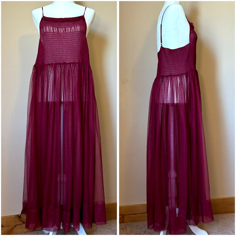Free People Intimately Women's L Can't Stop Won't Stop Mesh Slip Dress Burgundy